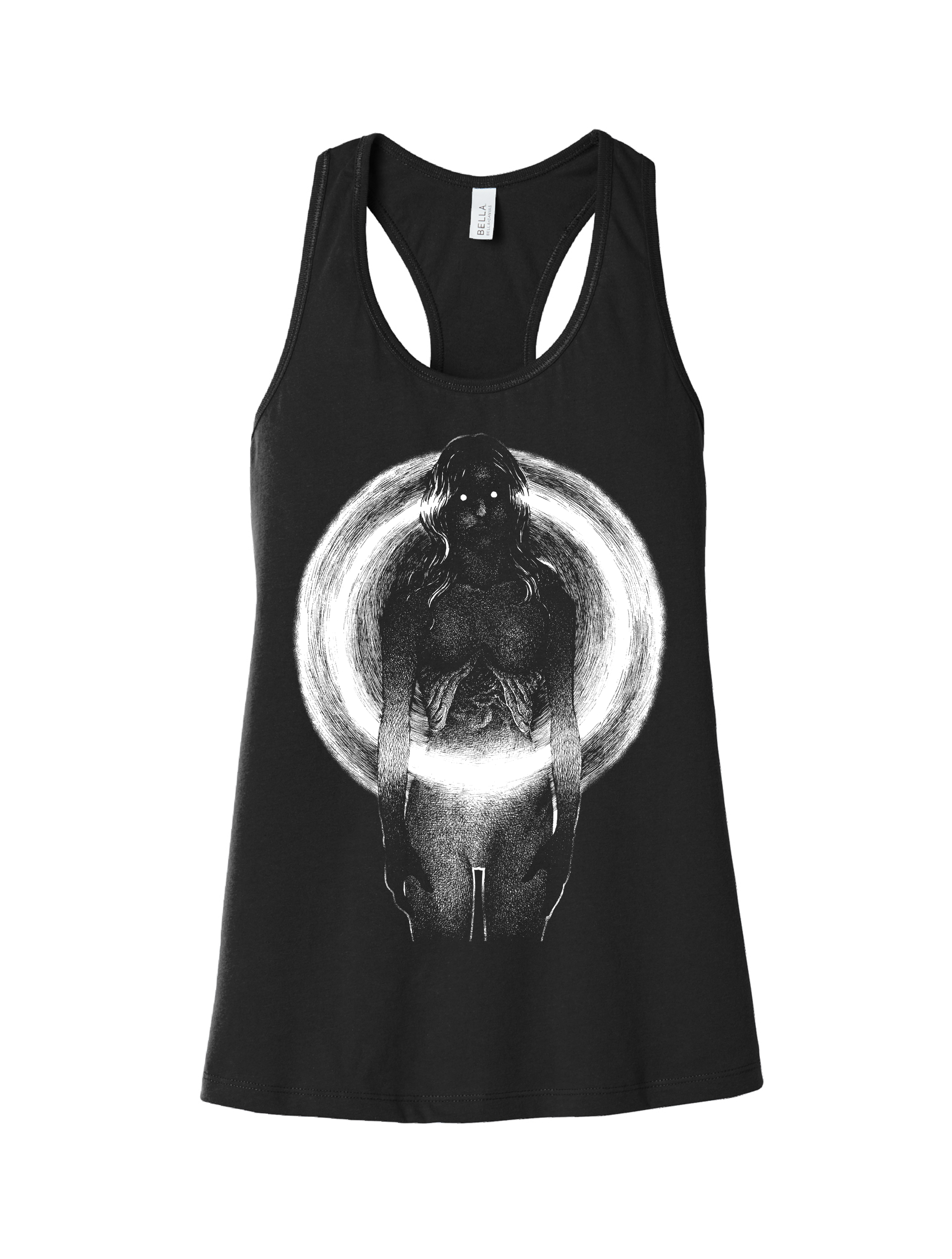 Black & White image by Brandon Stewart of a creepy woman with her chest cavity exposed on a black tank