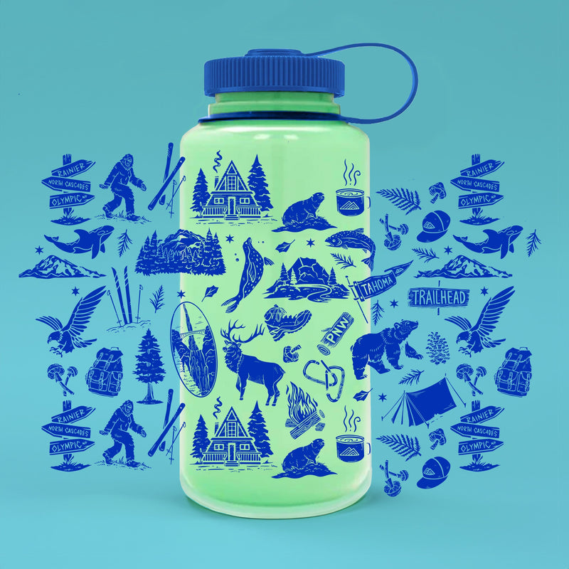 PNW Patterns 32oz Water Bottle - Glow-In-The-Dark Green