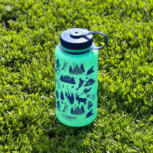 PNW Patterns 32oz Water Bottle - Glow-In-The-Dark Green