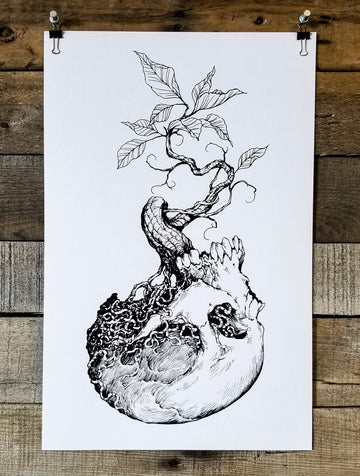 Black & White screen print by Brandon Stewart of a plant growing out of a skull