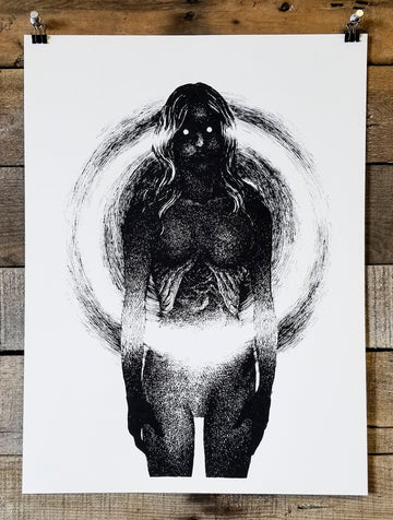 Black & White screen print by Brandon Stewart of a creepy woman with her chest cavity exposed