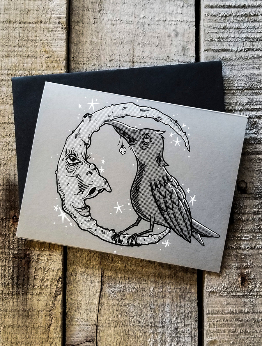 Screen printed greeting card of a raven and the moon by Nicole Thompson aka Nicole Gress