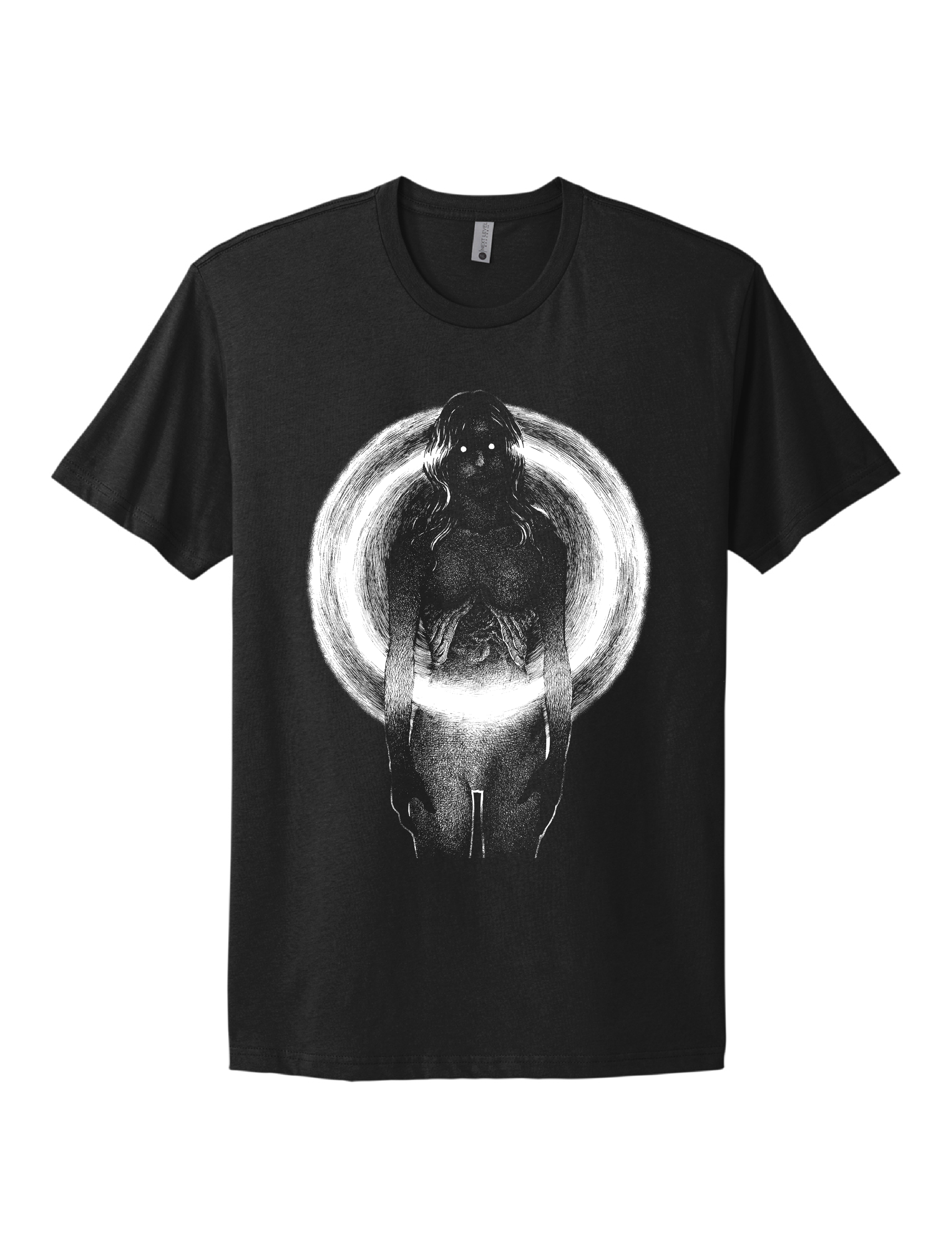 Black &amp; White image by Brandon Stewart of a creepy woman with her chest cavity exposed on a black short sleeve t-shirt