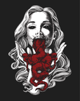 Black and white portrait of woman with red intestines emerging from her mouth by Brandon Stewart on a black background