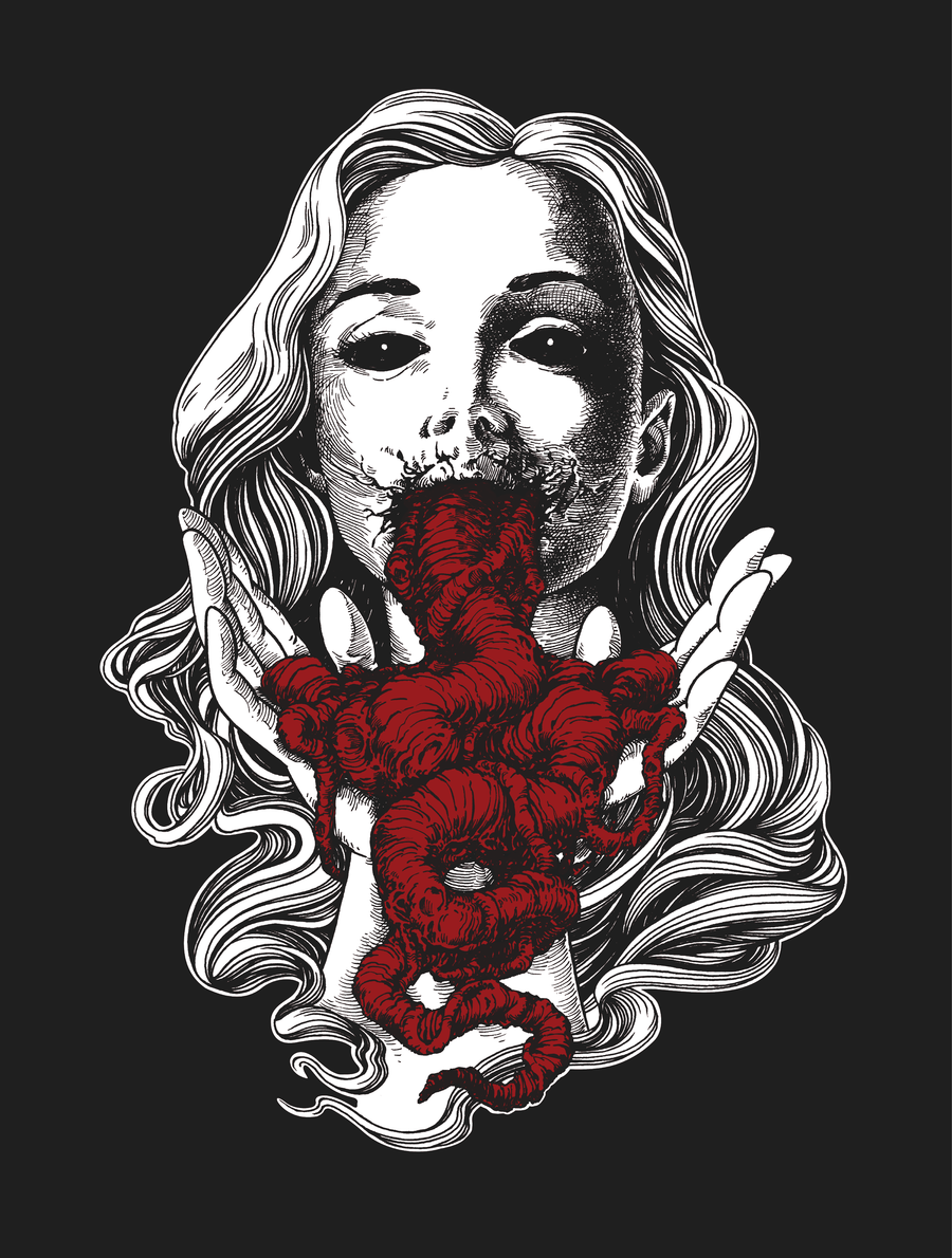 Black and white portrait of woman with red intestines emerging from her mouth by Brandon Stewart on a black background
