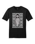 Skeleton in medieval robe surrounded by astrological glyphs in grey by Brandon Stewart, on a black short sleeve tee