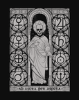 Skeleton in medieval robe surrounded by astrological glyphs in grey by Brandon Stewart, on a black background