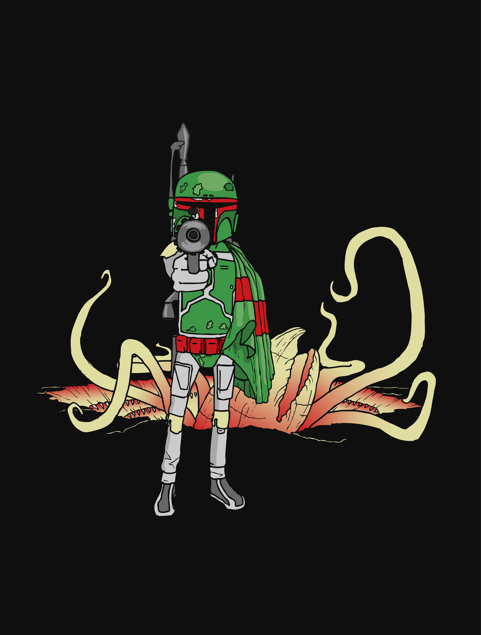 Boba Fett with blaster stands in front of Pit of Carkoon, printed with red and green garb with grey armor. Sarlacc head and tentacles visible, printed in yellow to orange gradient. On black background.