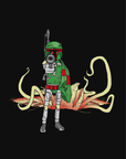 Boba Fett with blaster stands in front of Pit of Carkoon, printed with red and green garb with grey armor. Sarlacc head and tentacles visible, printed in yellow to orange gradient. On black background.