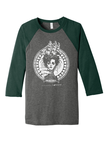 Image encompassing classic nautical themes, in white ink on a grey shirt with green sleeves. Art by Sam Enlow.