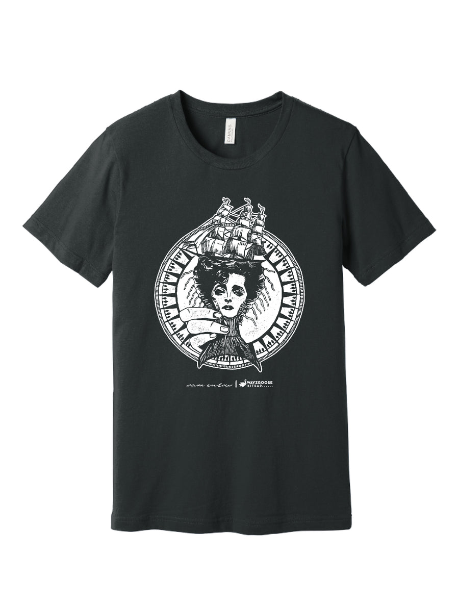Image of illustration with classical nautical themes in white ink on a grey short sleeve tee. Art by Sam Enlow.